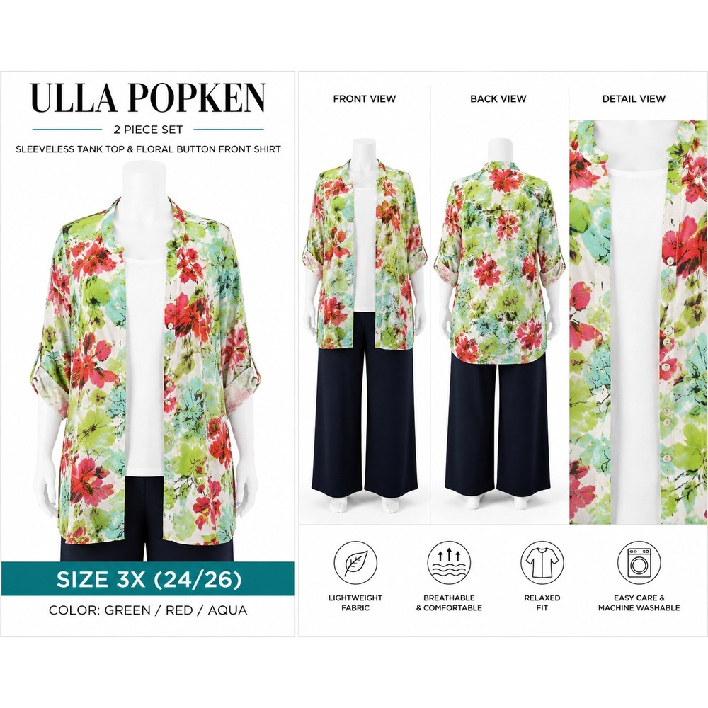 Ulla Popken Women's 3X 24/26 Floral Button Front Shirt & Tank 2 Piece Set Green